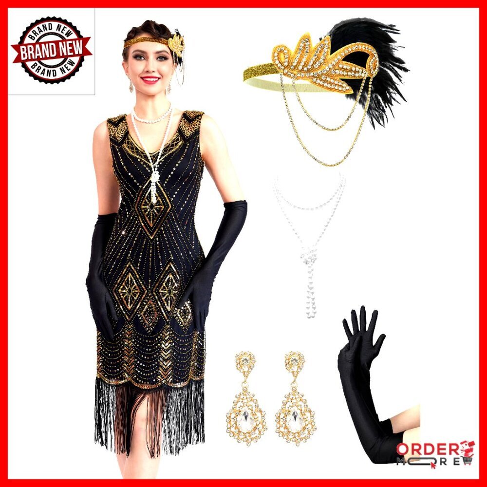 Sequin Fringed Flapper Dress with Accessories Set, Gatsby Cocktail Costume